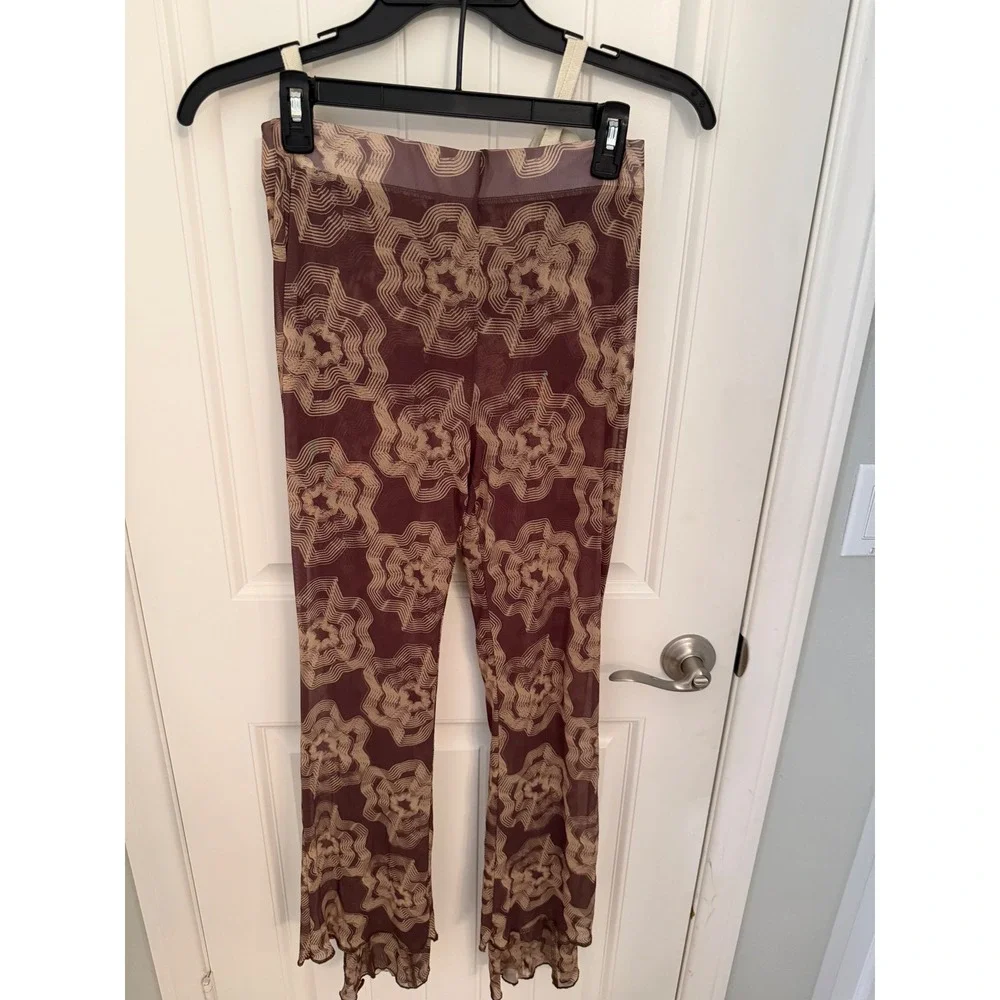 Ribbed Tie Strap Camisole and Mesh Flare Pants Set Brown Cream summer‎ boho